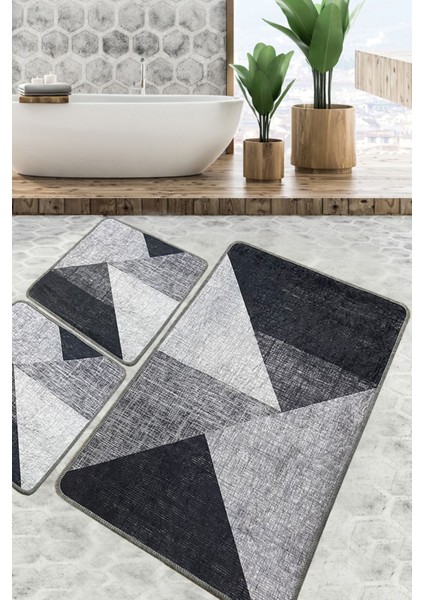 Phell Gri Banyo Halısı Djt 3 Lü Set Banyo Halısı Paspas Yıkanabilir Kaymaz