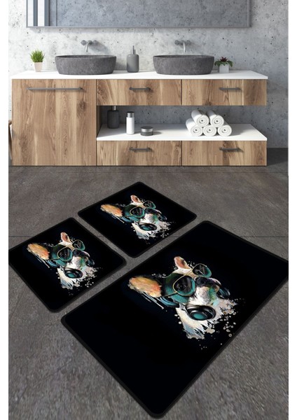 Glasses Dog Banyo Halısı 3'lü Set Banyo Paspası Kaymaz Tabanlı Klozet Takımı Djtbanyo