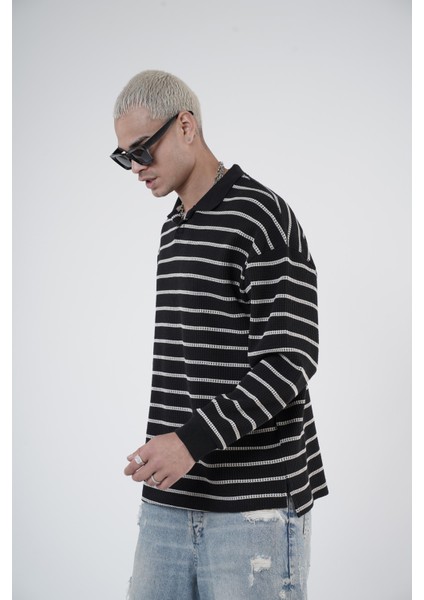Polo Yaka Oversize Kalıp Çizgili Triko Kazak modelleri