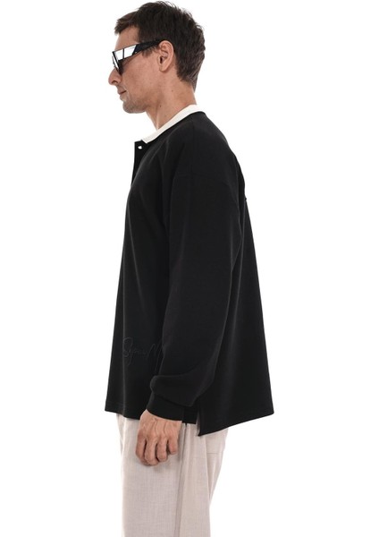 Kingbrich Polo Yaka Nakış Detaylı Oversize Kalıp Erkek Sweatshirt