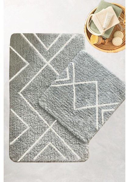 Longan Gri Cotton 2 Li Set Banyo Halısı