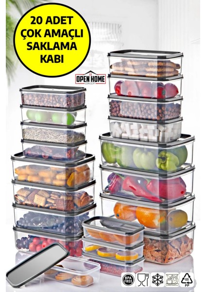 20'li Set Embox Dikdörtgen Erzak, Gıda Saklama Kabı Antrasit