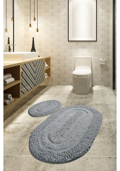 Macoroni Gri 2 Li Set Cotton Banyo Halısı