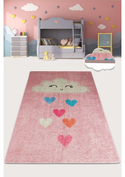 Baby Cloud Pembe Çocuk Halısı Djt Çocuk ve Bebek Halısı Yıkanabilir ,Leke Tutmaz 80 x 200