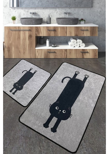 Comfort Gri Banyo Halısı 2'li Set Banyo Halısı Paspas Yıkanabilir Kaymaz Djtbanyo