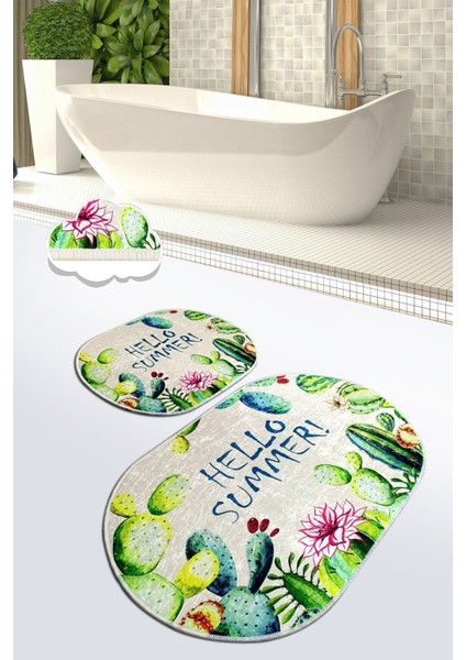 Hello Summer 2 Li Set Banyo Halısı Paspas Yıkanabilir Kaymaz Taban Klozet Takımı Djt