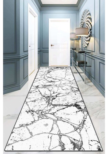 Marble Beyaz Yolluk Halı Djt Yıkanabilir,kaymaz Tabanlı Kesme Rulo Halı Yolluk 80 x 150