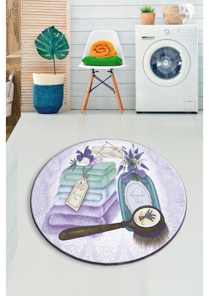 Lavanta 120X120 cm Çap Banyo Halısı Djtyıkanabilir Kaymaz Taban Paspas Klozet Takımı