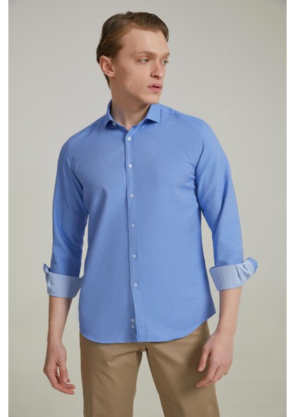 Slim Fit Mavi Armürlü Gömlek