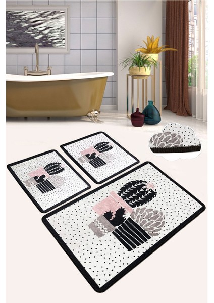 Three Cactus Djt 3 Lü Set Banyo Halısı Paspas Kaymaz Taban Yıkanabilir Klozet Takımı