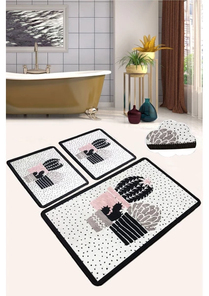 Chilai Home Three Cactus Djt 3 Lü Set Banyo Halısı Paspas Kaymaz Taban Yıkanabilir Klozet Takımı