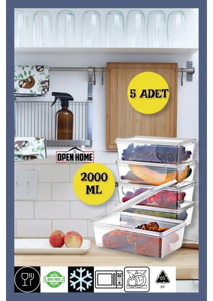 5 Adet Kendinden Kapaklı Derin Dondurucuya Uygun Saklama Kabı 2 Lt