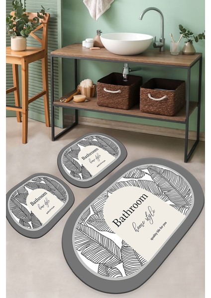 Banyo Klozet Takımı 3'lü Set Gri Earth Surface Desenli Kadifemsi Kumaş Kaymaz Taban