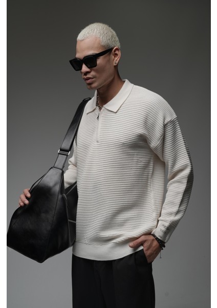 Polo Yaka Yarım Fermuarlı Oversize Kalıp Triko Kazak