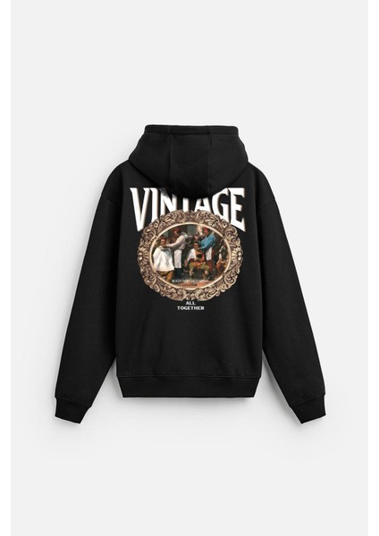 Kapuşonlu Vintage Baskılı Unisex Oversize Kalıp Hoodie