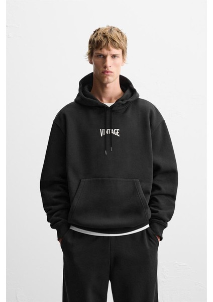 Kapuşonlu Vintage Baskılı Unisex Oversize Kalıp Hoodie
