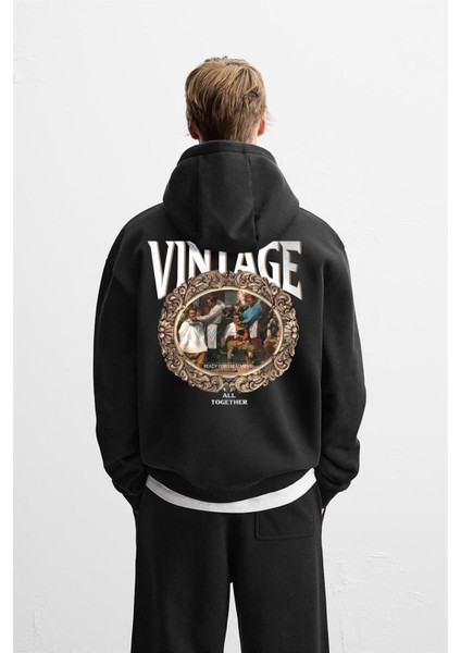 Kapuşonlu Vintage Baskılı Unisex Oversize Kalıp Hoodie