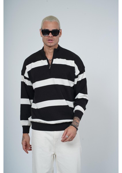 Çizgili Yarım Fermuarlı Oversize Kalıp Triko Kazak modelleri