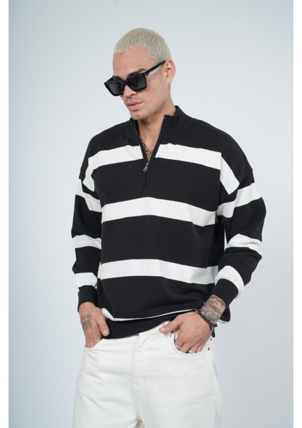 Çizgili Yarım Fermuarlı Oversize Kalıp Triko Kazak fırsatları