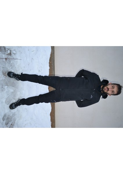Erkek Siyah Su İtici Rüzgar Geçirmez Outdoor Kışlık Softshell Paça Fermuarsız Pantolon