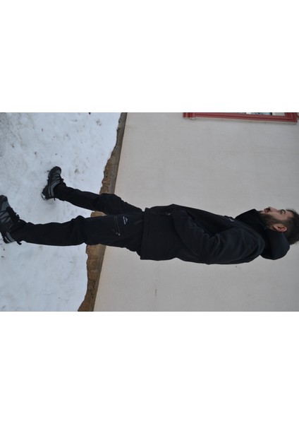 Erkek Siyah Su İtici Rüzgar Geçirmez Outdoor Kışlık Softshell Paça Fermuarsız Pantolon