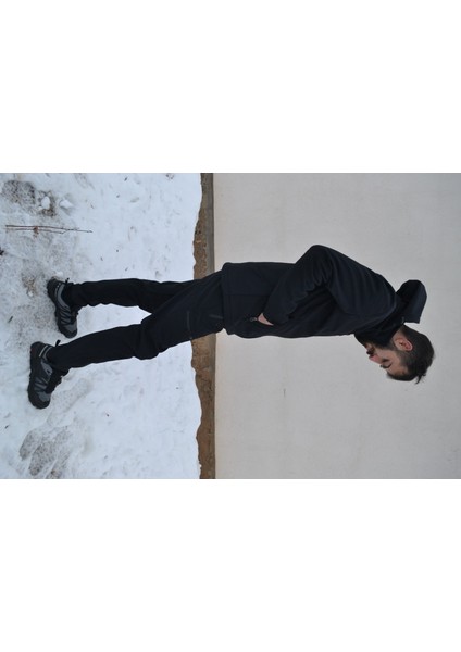 Erkek Siyah Su İtici Rüzgar Geçirmez Outdoor Kışlık Softshell Paça Fermuarsız Pantolon