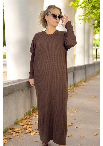 %100 Akrilik Saç Örgü Desenli Düşük Kol Bisiklet Yaka Ekstra Büyük Beden Triko Elbise fırsatları