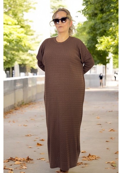 %100 Akrilik Saç Örgü Desenli Düşük Kol Bisiklet Yaka Ekstra Büyük Beden Triko Elbise indirimleri