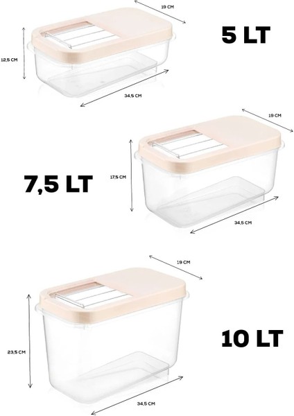 6'lı Çeyiz Seti - Bakliyat Saklama Kabı - Kayar Kapaklı Erzak Kabı Antrasit 2x(5 Lt-7,5 Lt-10 Lt)