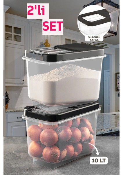 2 Adet 10 Lt Kolay Kayar Kapaklı Multibox Erzak Bakliyat Vs. Saklama Kabı Antrasit