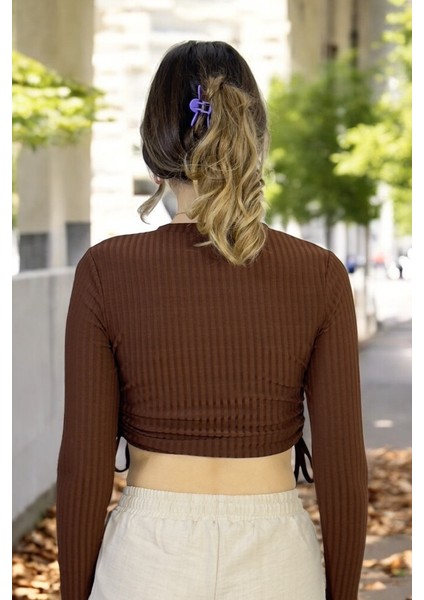 Yanlardan Büzgü Detaylı Uzun Kollu Fitilli Crop Top Bluz