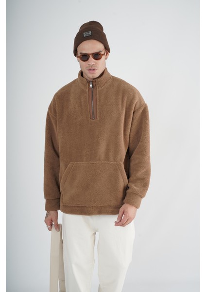 Yarım Fermuarlı Kanguru Cepli Unisex Oversize Kalıp Peluş