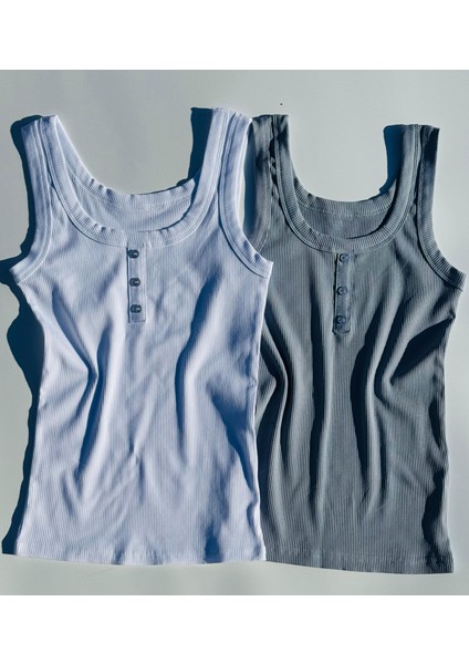 Lillesol Fitilli 2’li Düğme Detaylı Kalın Mavi ve Beyaz Renk Kadın Atlet 64V63Y