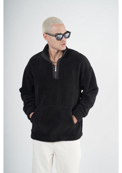 Yarım Fermuarlı Kanguru Cepli Unisex Oversize Kalıp Peluş