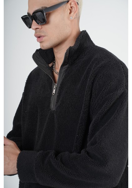 Yarım Fermuarlı Kanguru Cepli Unisex Oversize Kalıp Peluş