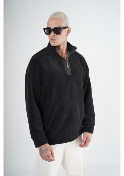 Yarım Fermuarlı Kanguru Cepli Unisex Oversize Kalıp Peluş