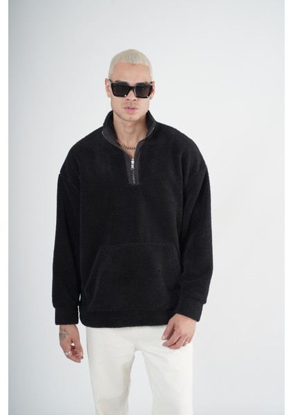 Yarım Fermuarlı Kanguru Cepli Unisex Oversize Kalıp Peluş