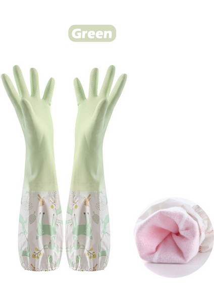 Yeşil-Peluş Tarzı L Boyutu Bulaşık Eldiveni Tek Katmanlı Ev Işleri Temizlik Kollu Su Geçirmez Eldiven Peluş Esnek Bant Ağız Kauçuk Eldiven (Yurt Dışından)
