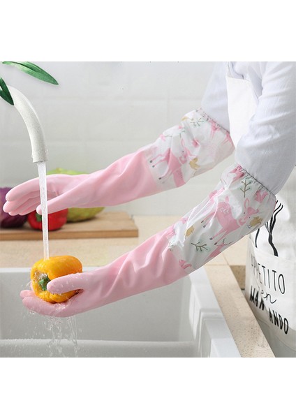 Yeşil-Peluş Tarzı L Boyutu Bulaşık Eldiveni Tek Katmanlı Ev Işleri Temizlik Kollu Su Geçirmez Eldiven Peluş Esnek Bant Ağız Kauçuk Eldiven (Yurt Dışından)