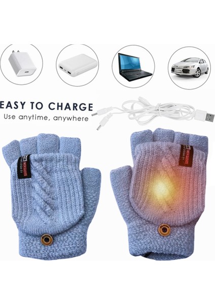 Mavi Stil USB Parmaksız Isıtmalı Eldiven Örme Dokunmatik Ekran Isıtmalı Yarım Parmak Eldivenler Sıcak Tutun Yıkanabilir Unisex Için Ofis Için (Yurt Dışından)