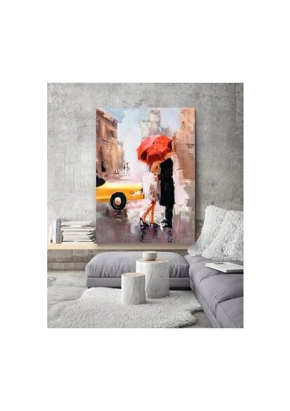 Kırmızı Şemsiye Altında Romantik Sevgililer Sarı Arabalı Kanvas Tablo 60X90 cm