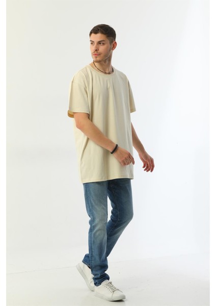 Bej Organik Pamuk Oversize Bisiklet Yaka Erkek Tişört