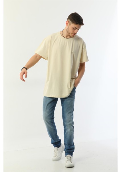 Bej Organik Pamuk Oversize Bisiklet Yaka Erkek Tişört fiyatları