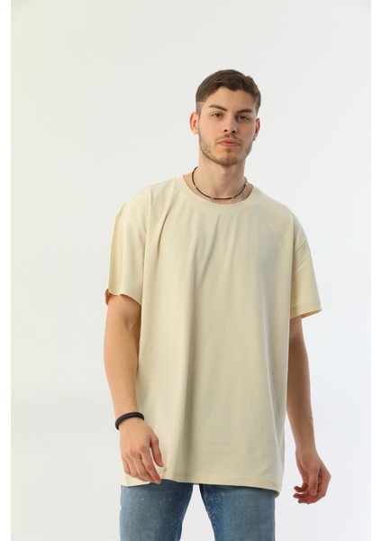Bej Organik Pamuk Oversize Bisiklet Yaka Erkek Tişört modelleri