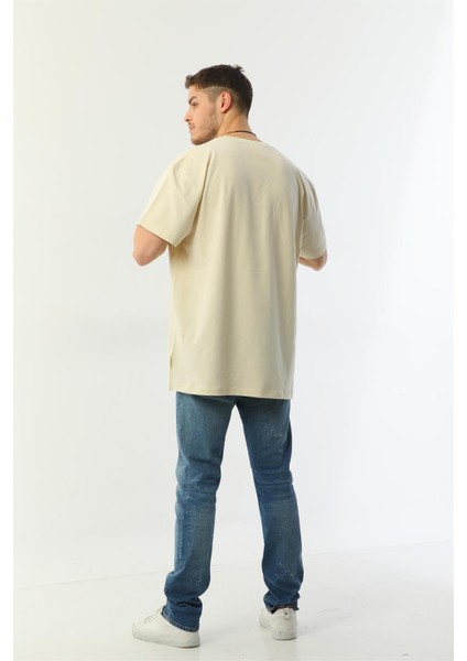 Bej Organik Pamuk Oversize Bisiklet Yaka Erkek Tişört indirimleri