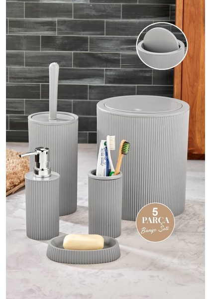 5 Parça Lüx Banyo Seti - Dekoratif Yuvarlak Pratik Kapak Çöp Kovası Diş Fırçalık Sabunluk Fırça Seti