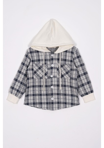 Ekose Desenli Kapüşonlu Lacivert Renk Erkek Çocuk Gömlek