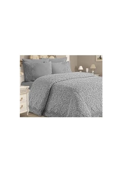 Çift Kişilik Dantelli Battaniye Yatak Örtüsü Takımı Açık Gri Rengi Fermuarlı Çantasında