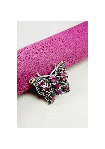 925 Ayar Gümüş Markazit Kelebek Modeli Kök Yakut Taşlı Broş