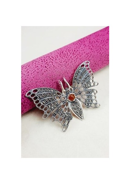 925 Ayar Gümüş Markazit Kelebek Modeli Akik Taşlı Broş